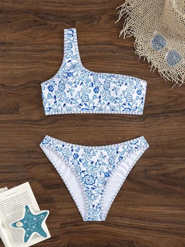 Image of YIMISAN Women's Ribbed Bikini Sets One Shoulder Top with Mid Waist Two Piece Bathing Suit