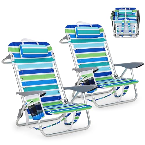 GarveeLife Backpack Beach Chair for Adults 2 Pack, Lightweight Portable Lay Flat Folding Beach Chair with 5 Positions, Backpack Straps, Phone Pocket, Cup Holder & Towel Bar, Support to 300 L