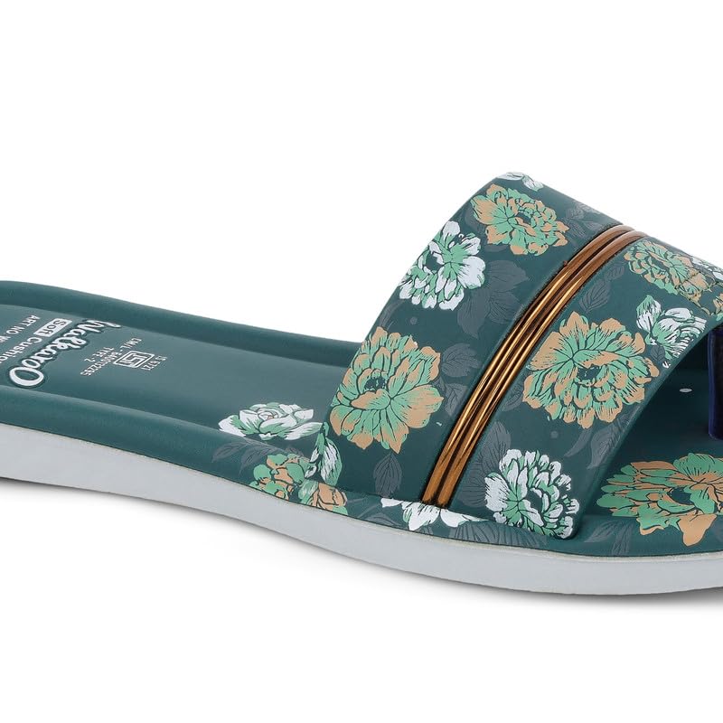 Image of Walkaroo Women's Floral Printed Flat Sandals|Soft Cushion Footbed, Broad Strap, Toe Loop Design, Lightweight Anti-Skid Sole, Slip-On Sandal|Daily Wear, Casual Wear, Ethnic Wear Sandals for Women's|WLR73014