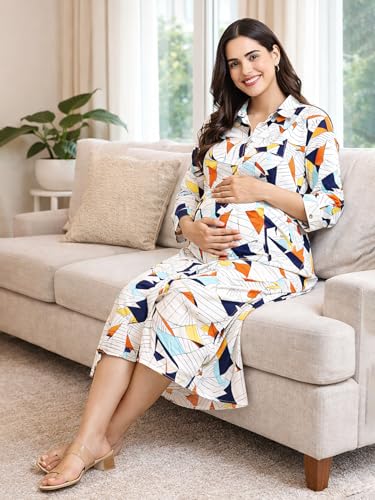 Image of MomToBe Women's Fit and Flare long Rayon Maternity Dress /Pregnancy Dress /Easy Breastfeeding Dress /Western Dress with Zippers for Nursing Pre and Post Pregnancy