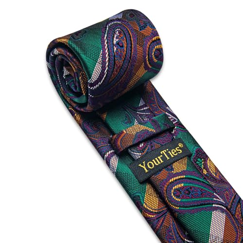 Image of YourTies Silk Paisley Floral Tie and Pocket Square Cufflinks with Lapel Pin Sets for Men 5PC Wedding Party