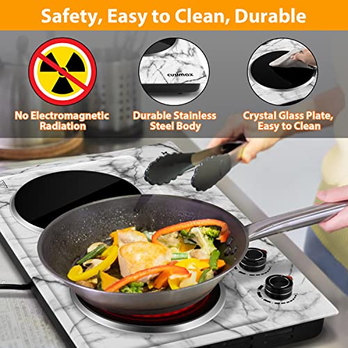 Hot Plate, Cusimax Double Burner Electric Hot Plate For Cooking, 1800W Dual Control Portable Electric Stove Countertop Electric Burner Infrared Electric Cooktop, Stainless Steel White Marble #TOP5