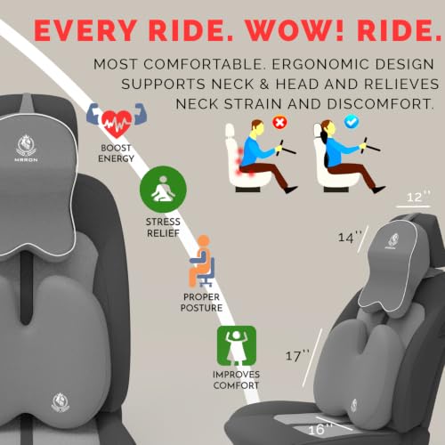 Image of MRRON Orthopedic Memory Foam Lumbar Backrest & Neck Rest Cushion for Car Seat - Ergonomic Car Back & Neck Support Pillow Combo - Pain Relief for Long Drives, Sciatica, Posture (Grey, BacKpro)