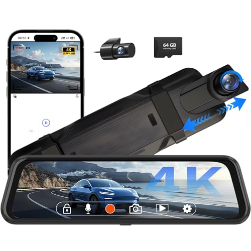 4K Rear View Mirror Camera, 10' Mirror Dash Cam Front and Rear with 64GB Card, Full Touch Screen...