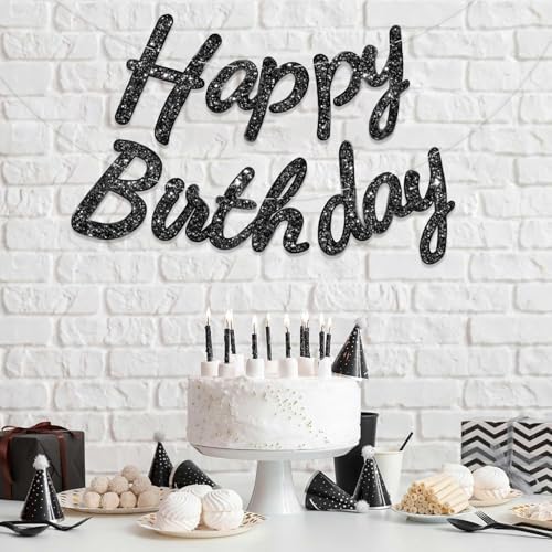 Image of Rozi Decoration Happy Birthday Banner Black Glitter Decoration - Reusable Cursive Letter Party Garland for Birthday Decor, Men Women Kids Adults, Happy Birthday Cursive Banner Pack of 1 Set