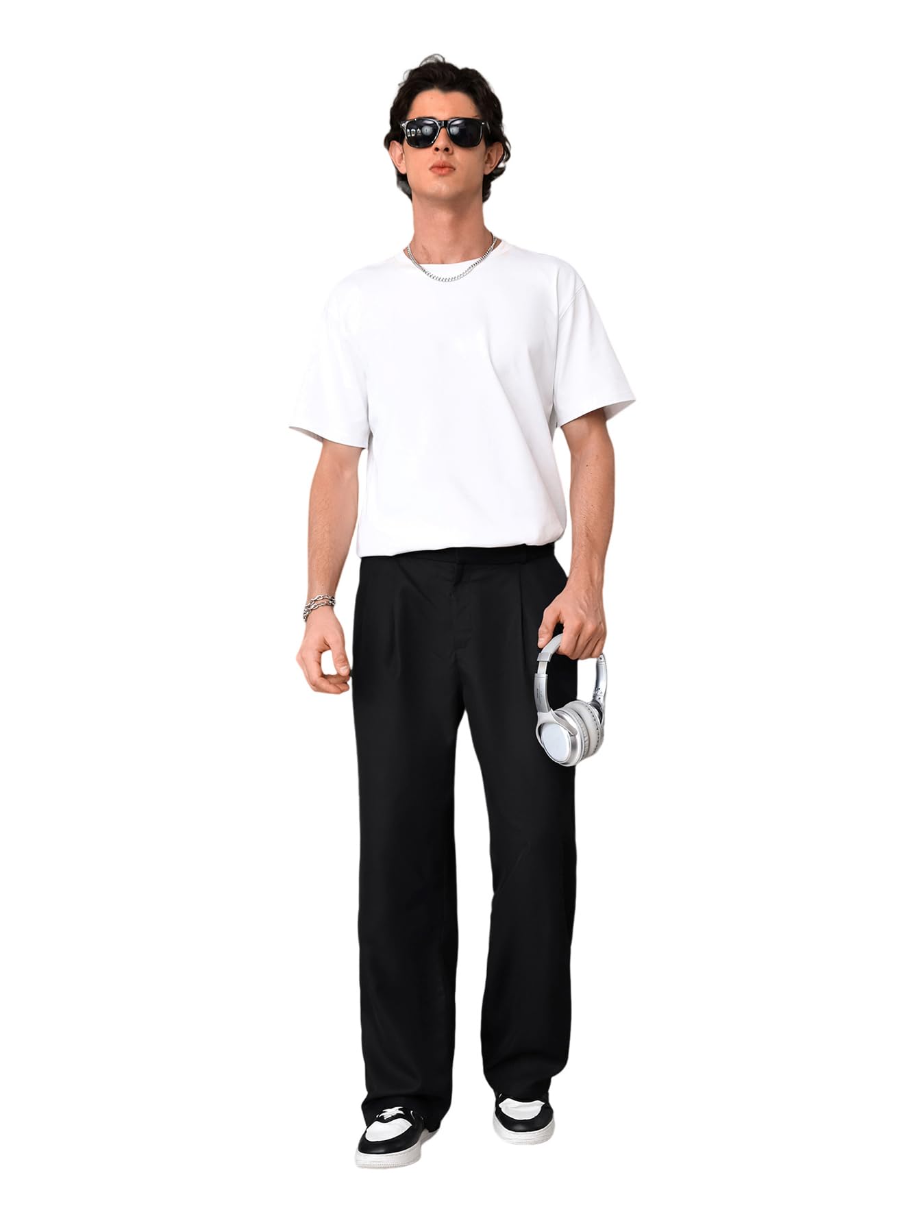 OYOANGLE Mens Pleated Mid-Rise Straight Leg Pants Loose Fit Business Casual Dress Pants Zipper Fly Trousers with Pockets