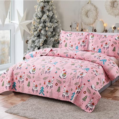 Hailea Christmas Bedspread Coverlets Full/Queen Size Girls Quilt Set Xmas Pink Alpaca Bedding Kids Lightweight Bedspread Reversible Quilts Christmas Holiday Bed Cover Set,1 Quilt And 2 Pillow Shams thumb #1