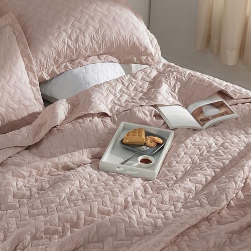 Image of Bedsure Quilts Twin Size - Lightweight Bedspreads Twin Size with Basket Weave Pattern, Soft Quilt Bedding Set, Dusty Rose Comforter Set Coverlet for All Seasons with 1 Pillow Sham (68 inch x 86 inch)
