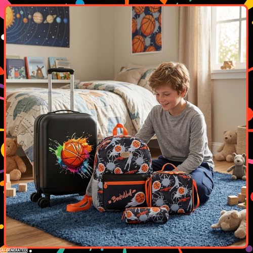 Image of Kids Basketball Carry on Luggage Set 5 Piece Kids Luggage with Spinner Wheels 16 inch Toddler Suitcase for Boys Airline Approved