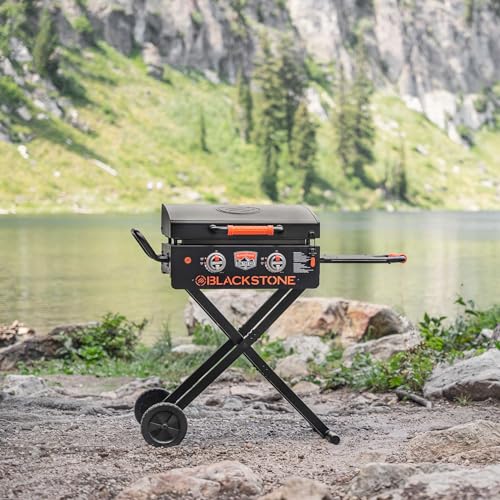Image of BLACKSTONE 22 inch On The Go Scissor-Leg Griddle with Two Burners -Stainless Steel Gas Griddle with Hood, Wheels, Side Shelf -Heavy Duty Outdoor Stainless Steel Griddle for Backyard, Patio Camping -1935