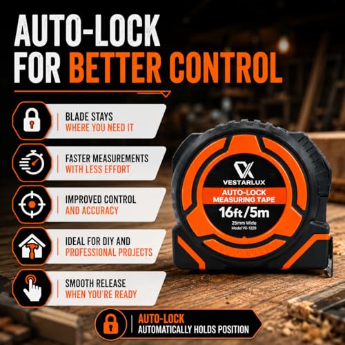 AutoLock Bande de mesure de poids lourd auto-décollant bande de mesure avec crochet multi-correspondance, 1-Inch Lame large double échelle Impériale & Outil rétractable métrique durable pour la construction & DIY (5m/16ft)