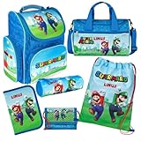 Undercover Schultasche Super Mario Jungen Set 6-TLG - Personalisierter Inhalt Turnbeutel Geldbeutel Federmappe Sporttasche mit Name - Schulranzen 1. Klasse Grundschule