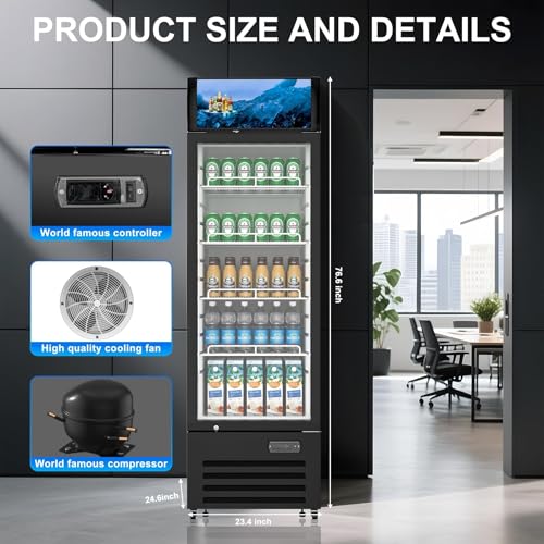 Commercial Beverage Refrigerator 1 Glass Door, 12.3 Cu.ft Commercial Upright Display Merchandiser Refrigerator, Beverage Cooler with LED Light, Lock Wheels, Adjustable Shelf for Bar, Shop - Image 7