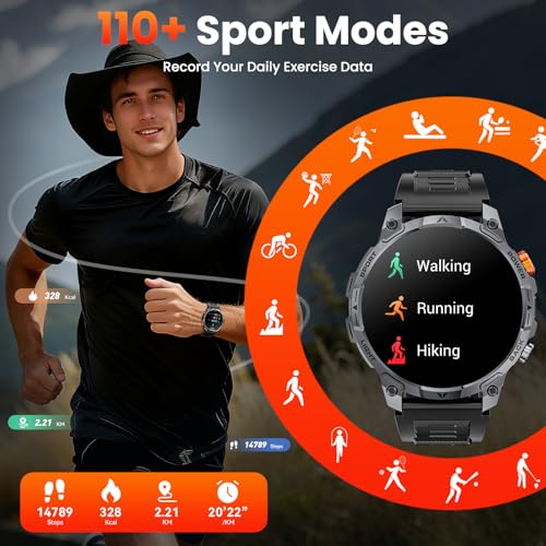 Image of Military Smart Watches for Men,1.75″ Smartwatch with 100-Day Ultra-Long Battery /Flashlight,Fitness Watch for Heart Rate /Sleep /Calling /110+ Sports Mode Smart Watch for Android iOS 1000 mAh