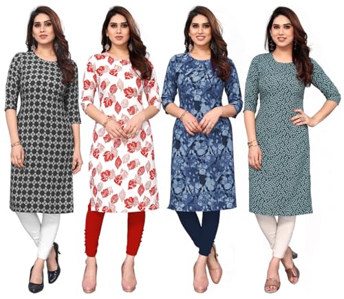 Image of JAKHANA Women's Crepe Printed Casual Straight Calf Length Round Nick Kurta Pack of 4