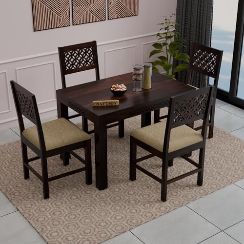 Image of 45 Inch Length Solid Sheesham Wood 4 Seater Dining Table Set | Four Seater Dinner Table with 4 Cushions Chairs | Dinning Table Set 4 Seater for Living Room | Table & Chair Set | Walnut Finish