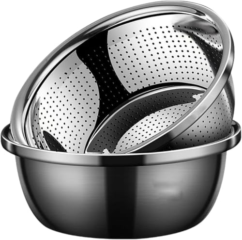 PANJIEザルボウル2個セットステンレスボウルセット水切りバスケット収納バスケット3 way米野菜米野菜果物洗浄ステンレス鍋キッチン用品スタイリッシュで多機能なオーバーラップ耐熱軽量で丈夫で便利 (30センチメートル)