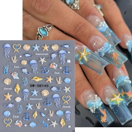 Powpop 307 5D Embossed Ocean Life Nail Art Stickers Decals Self Adhesive Seashell Starfish Nail Decals Sea Creature Designs Summer Nail Stickers Marine Life Manicure Sliders thumb #1