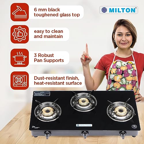 MILTON Premium Pro Toughened Glass Top Gas Stove 3 Burners I Auto