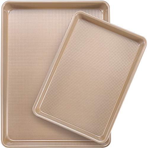 JOHO BAKING Cookie Sheets for Baking Nonstick, 2 Pack Heavy Duty 0.8mm Baking Sheet Pan Set Quarter(9x13in) & Jelly Roll(10x15in) with Diamond Texture, Gold Commercial Grade, Small Oven Safe by JOHO BAKING - Used condition - Image 9