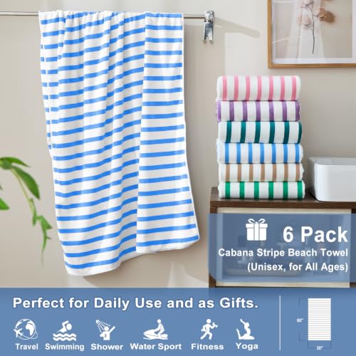 Image of JML Microfiber Beach Towels, 6 Pack, 30 inch x 60 inch, Stripe Blue and White
