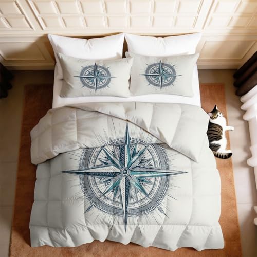 Compass Nautical Marine Compass - Edredón sin funda de edredón doble de 200 x 200 cm, 7,5 tog, reversible, ligero, relleno alternativo, náutico marítimo, suave y cálido para todas las estaciones para