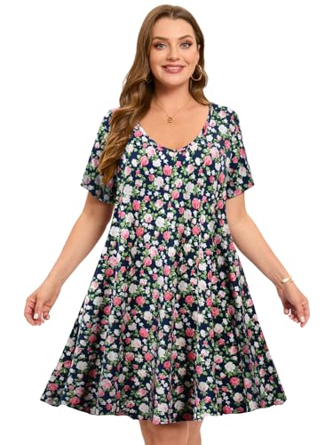 Image of ZENNILO Women's Plus Size Swing Dress with Pockets Casual Summer Dresses V Neck Short Sleeve T Shirt Dress for Women