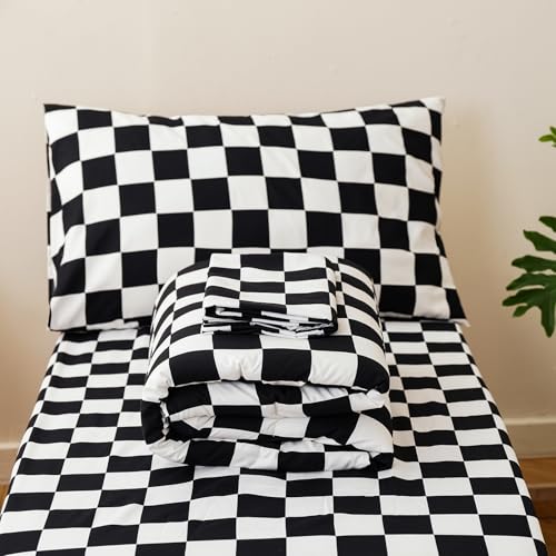 Image of Wellboo Black White Plaid Toddler Bedding Sets for Girls Boys Black and White Checkerboard Grid 4 Pieces Soft Crib Bed Set Including Comforter, Sheets and Pillowcase Kids Checkered Geometric Quilt