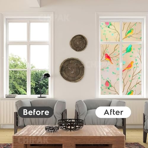 Image of CHIPAK Premium Vinyl Privacy Stained Window Glass Film (18x100 Inch) - Self-Adhesive Decorative Sticker Opaque Sheet Tint Wallpaper for Glass Cover Window, Door, Office, Home.| Anti-UV. Colorful Birds