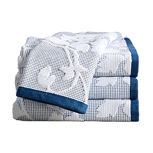 Great Bay Home 100% Cotton Decorative Hand Towel Set (16 X 28 Inches) Luxury Floral Jacquard Hand Towels. Roselyn Collection (Set Of 4, White / Blue) #TOP4