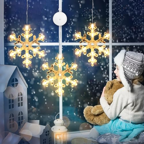 Landifor 3pcs Snowflake Window Lights 30LEDs Xmas Snowflake Lights Warm White Backdrop Hanging Light with Suction Cup for Christmas Winter Wonderland Indoor Outdoor Decor (Without Battery)