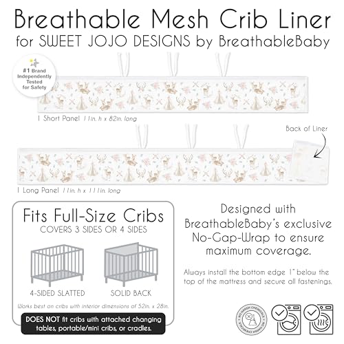 Image of Sweet Jojo Designs + BreathableBaby 2-Piece Breathable Mesh Crib Liner Set (Woodland Deer Floral) for Girls, Baby, Infants /Newborn Nursery (Boho, Bohemian, Watercolor, Forest Animal, Shabby Chic)