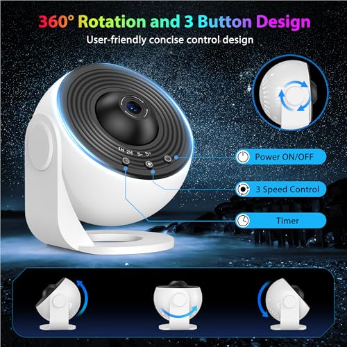 Image of FlyEagle Galaxy HD Image Star Light for Bedroom - 13 Film Discs Planetarium Projector for Kids, 360 Rotating, 1 /2h Timer, Adjustable Knob, Simple 3-Button Control, Led, Black And White