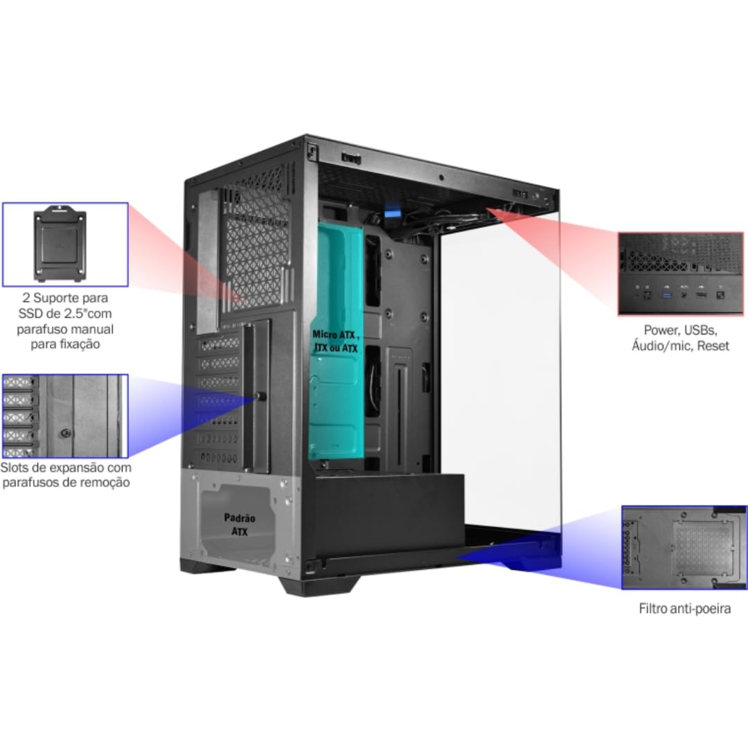 Gabinete Gamer K-Mex Aquário Poseidon CG-11G4 - Mid Tower, Portas
