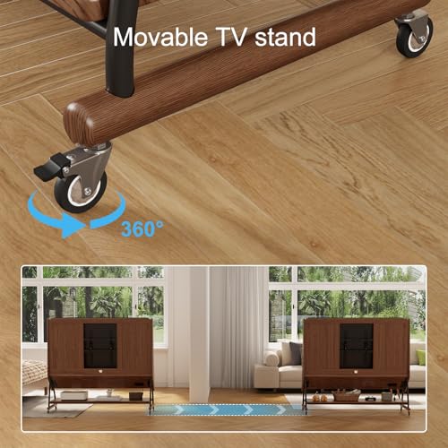 Image of Soild Wood Rolling Tv Stand with Wheels 40-65 Inch,media console Tv Cart, Monitor Floor Mount Stand entertainment center, Mobile Bedroom Wood 3 tier open Storage Stand with Outlet and Shelves