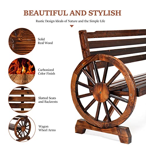 Vingli Outdoor Rustic Wooden Bench With Wagon Wheel Arms thumb #3
