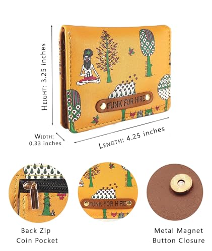 Image of Funk For Hire Yellow Vegan Leather Card Holder Slim Minimalist Wallet with Coin Pouch for Men and Women | 6 Card Slots | Lightweight Compact Purse Organizer