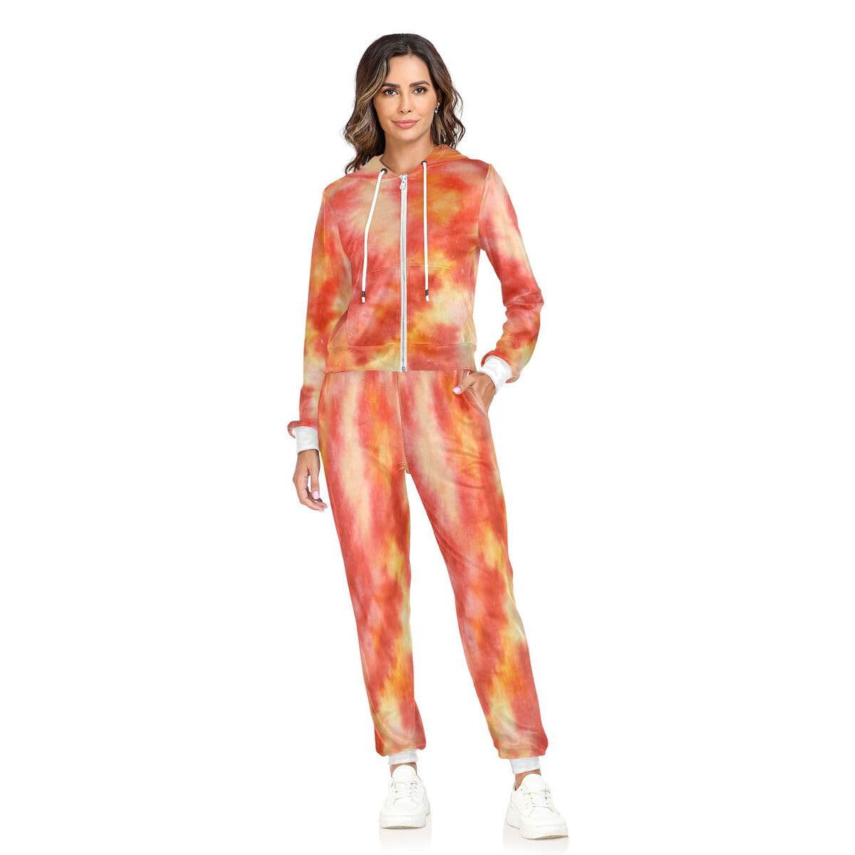 Conjunto deportivo de 2 piezas para mujer, teñido anudado, rojo, manga larga, conjunto deportivo abstracto