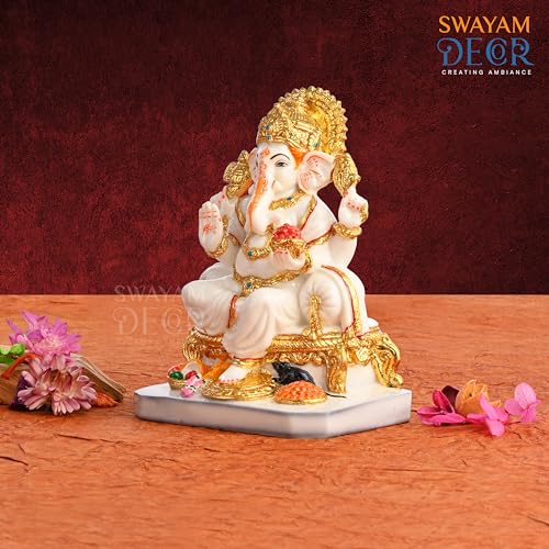 Image of Creating Ambiance Polyresin Marble Ganesh Idol, Vinayaka Statue | Auspicious Ganpati Murti for Living Room & Home Decor - Ganesh Idol for Diwali - Gold & White (7.5 Inches 01)
