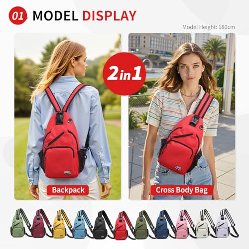 Image of Convertible Sling Bags for Women Men, Lightweight Crossbody Backpack Daypack Fit for 11 inch Tablet for Casual Travel Sport Hiking (Red)