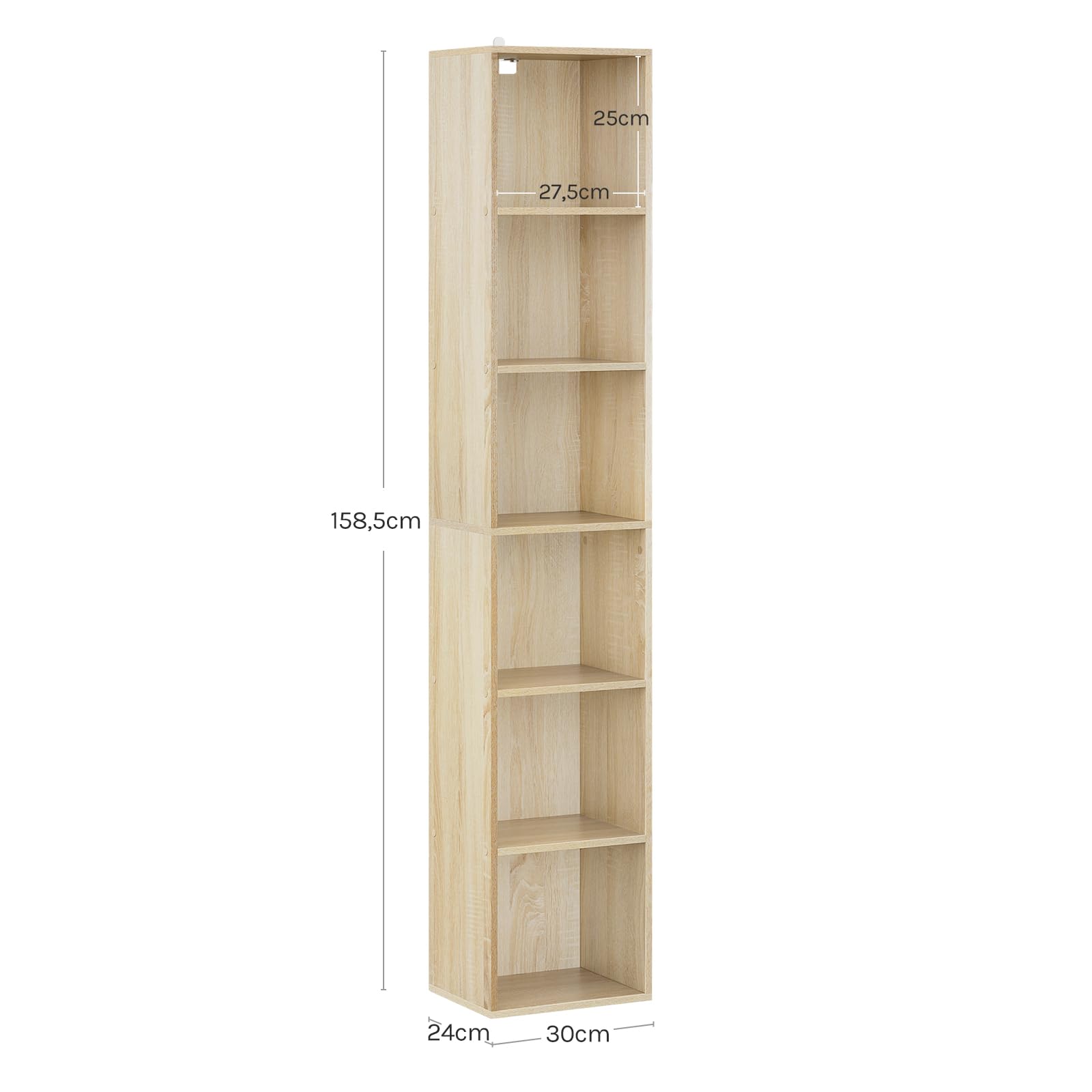 WOLTU Estantería de Piso para Libros de Exposición, con MDF, Roble Claro, Estante de Pared para Oficina, Gabinete para Archivos, 6 Compartimintos, 30x24x158,5cm SK003hei6
