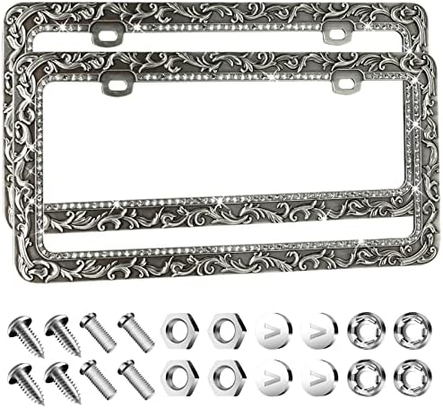 Valor Gel Metal Car License Plate Frames,Antique Old Pattern Printing, Bling Crystal Rhinestones Inlaid,Universal 2 Holes Automotive Replacement Parts Plate Holder(2 Pack)