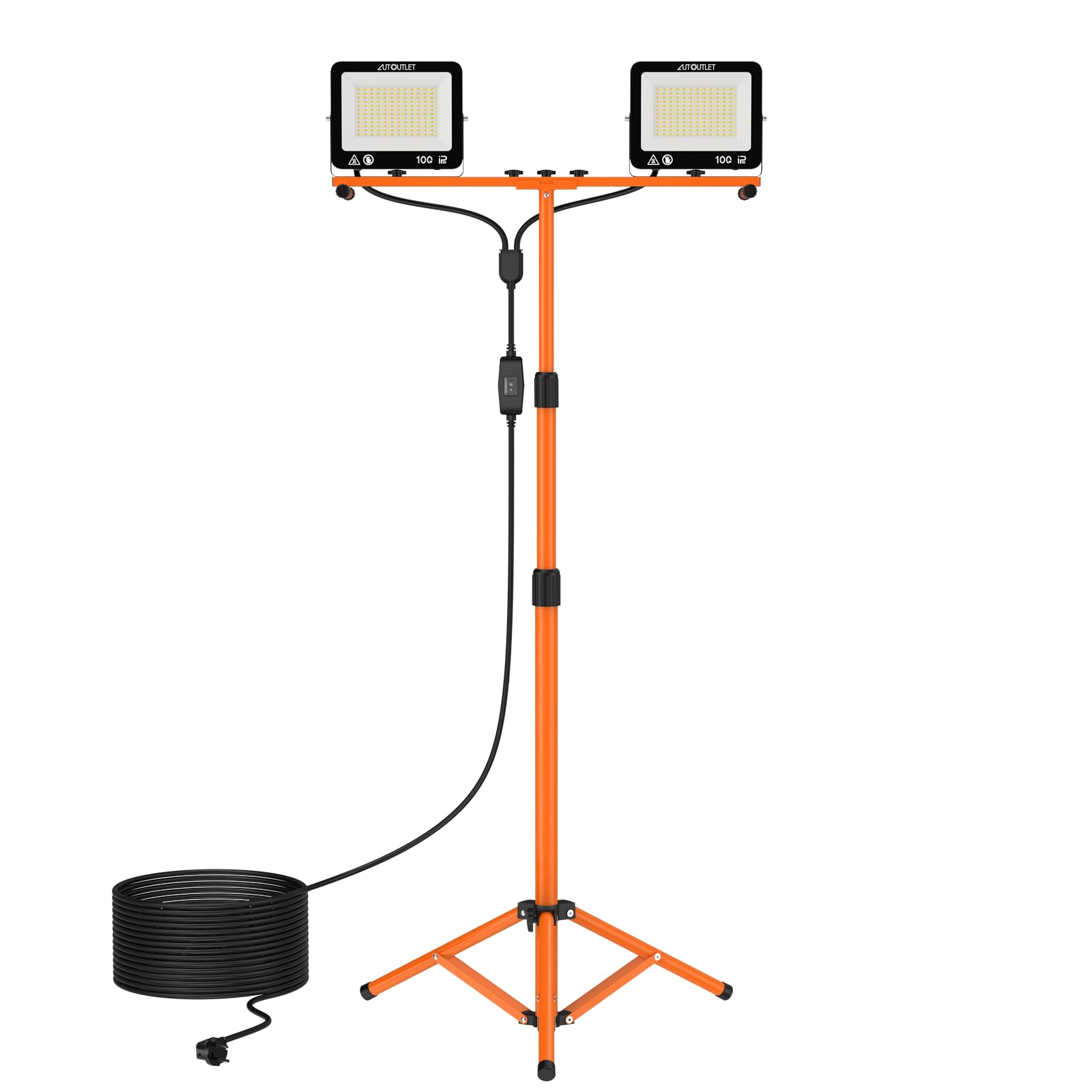 AUTOUTLET Baustrahler LED mit Stativ 200W, 3 Farbtemperaturmodi & 5M Kabel | 19000LM Baulampe, 3000K/5000K/6500K, 118-174cm Höhenverstellbar Stativ, IP66 Wasserdicht, Abnehmbar, für Garage Baustelle