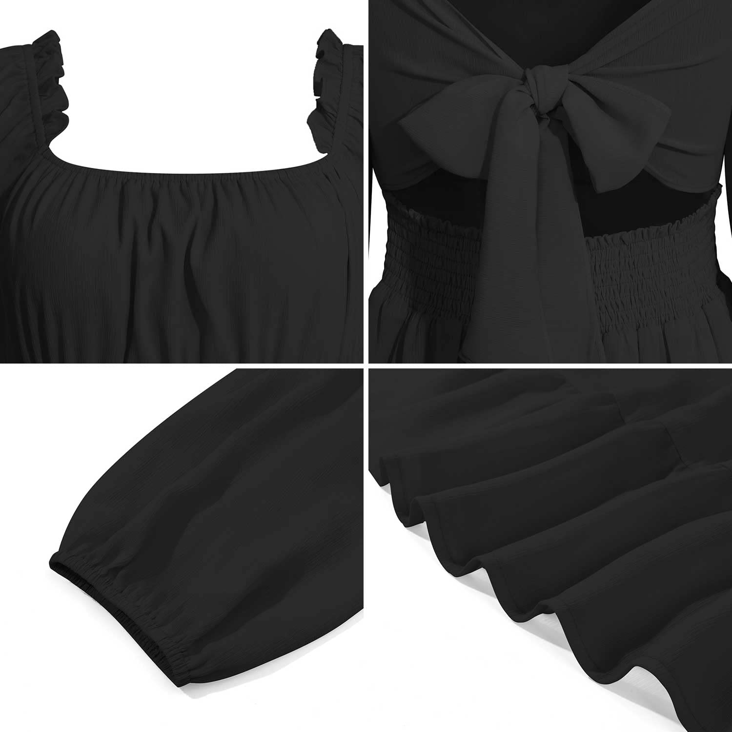 Phortric Womens Summer Tie Back Dress Square Neck Lantern Sleeve Off Shoulder Casual Mini Dresses: A-black X-Small