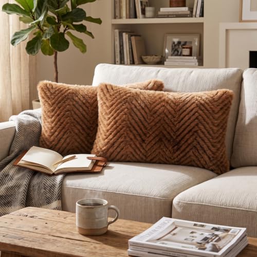 Image of Wakefit Designer Cushion Cover | 12x18 inch | Plush Fur Feel | Velvet Fabric | Machine Washable | Pack of 2 | Fur Brown