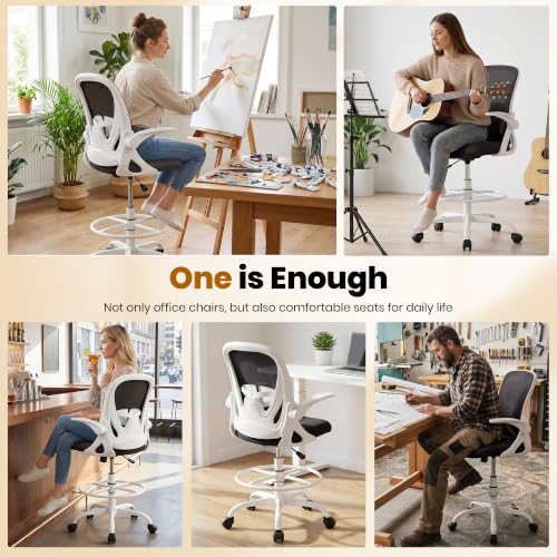 Image of Primy Ergonomic Drafting Chair with Flip-up Armrests Tall Office Chair for Standing Desk Comfortable Desk Chair with Adjustable Footrest Ring and Lumbar Support in Gray Perfect for Home (White)