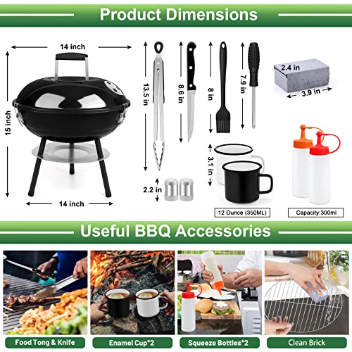Charcoal Grill with Tools (12Pcs), Portable Camping BBQ Grilling Smoker with Enamel Mugs