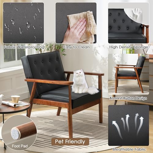 Image of Waiting Room Accent Chairs Set of 2, Black Leather ArmChairs, Office Guest | STHOUYN Mid Century Modern, Wood Arms, Office Lobby Living Room Chair