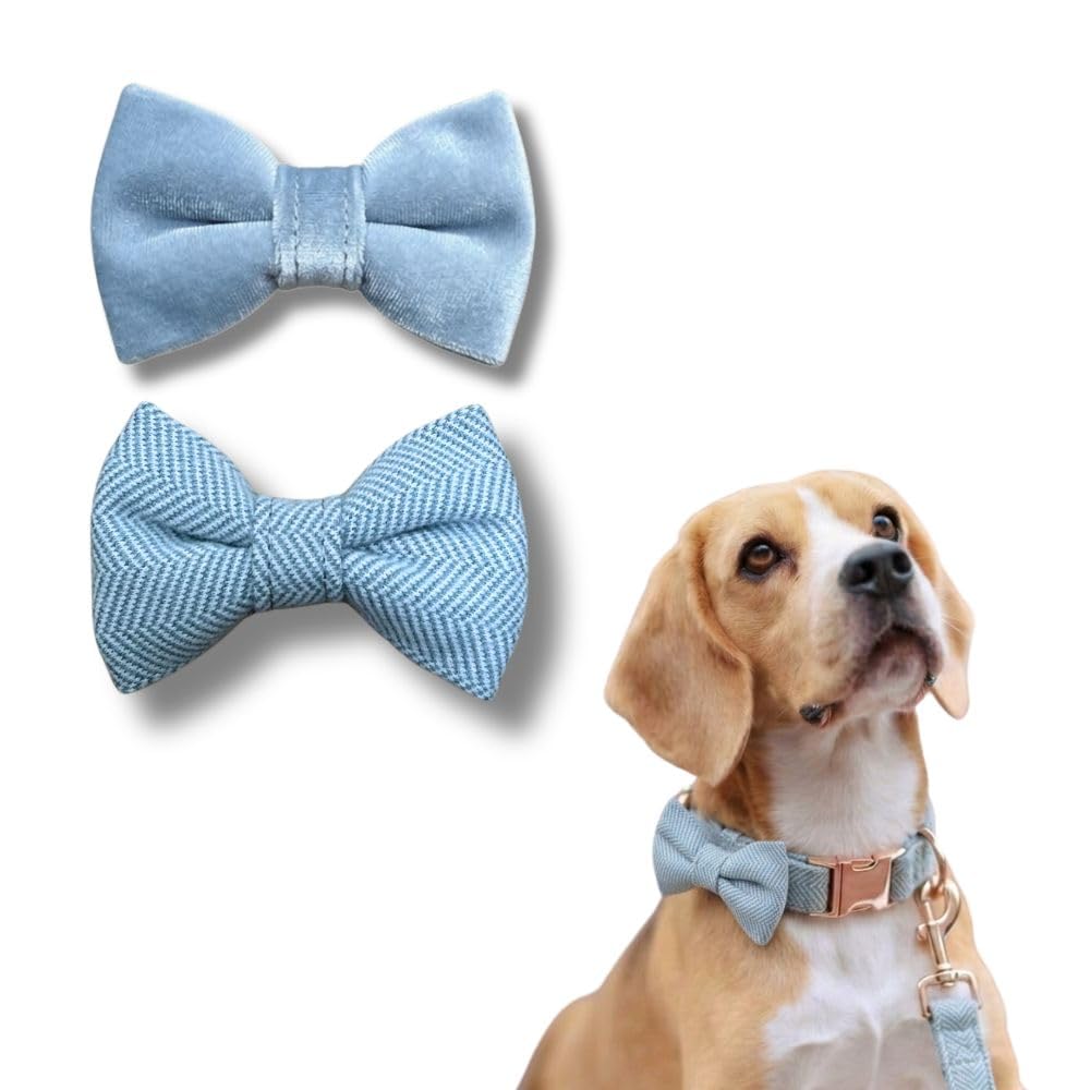 Tails Of Glory – Tweed & Velvet Dog Bow Ties – Set of 2 Elegant Dog Collar Accessories – Chic and Classic Style, Easy Elastic Attachment
