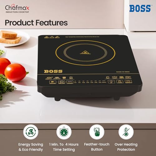 Image of Boss Chefmax 2000 Watt Induction Cooktop, Soft Touch Button with 8 cooking modes, Preset timer, Auto Switch Off - Black